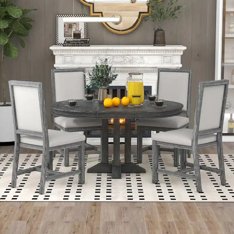 Ensemble de salle à manger rond extensible 5 pièces en bois naturel/noir pour 6 personnes