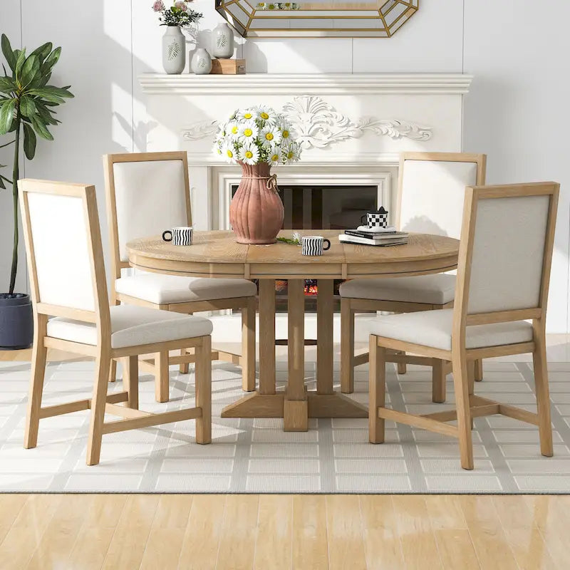 Ensemble de salle à manger rond extensible 5 pièces en bois naturel/noir pour 6 personnes