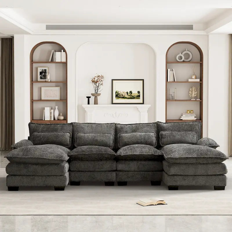 Canapé sectionnel en chenille multicolore en forme de U avec double méridienne, 6 places