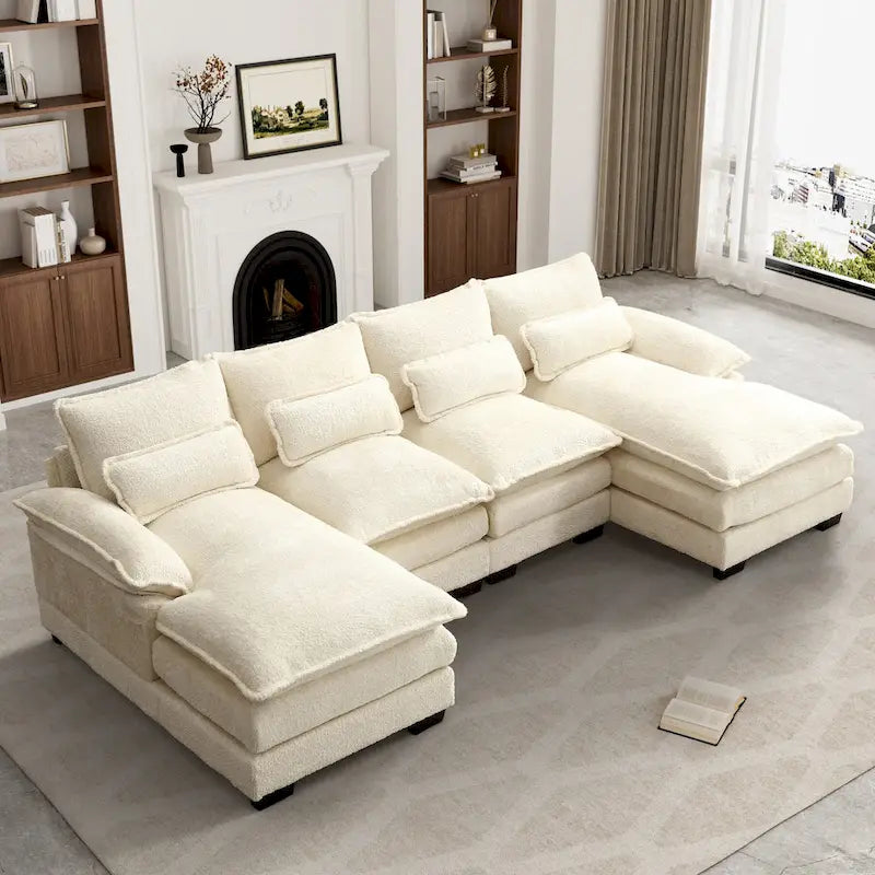 Canapé sectionnel en chenille multicolore en forme de U avec double méridienne, 6 places
