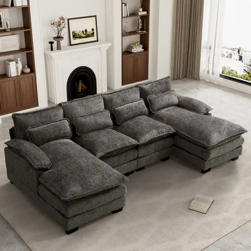 Canapé sectionnel en chenille multicolore en forme de U avec double méridienne, 6 places