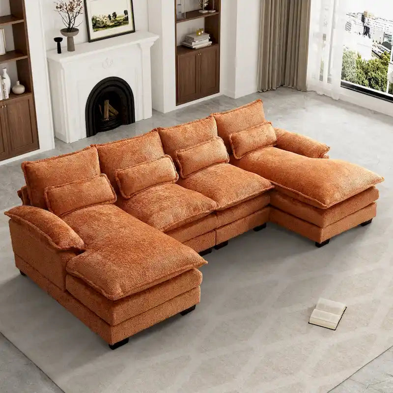 Canapé sectionnel en chenille multicolore en forme de U avec double méridienne, 6 places