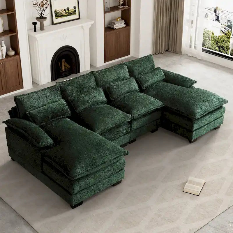 Canapé sectionnel en chenille multicolore en forme de U avec double méridienne, 6 places