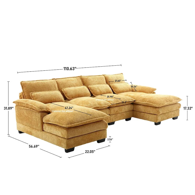 Canapé sectionnel en chenille multicolore en forme de U avec double méridienne, 6 places