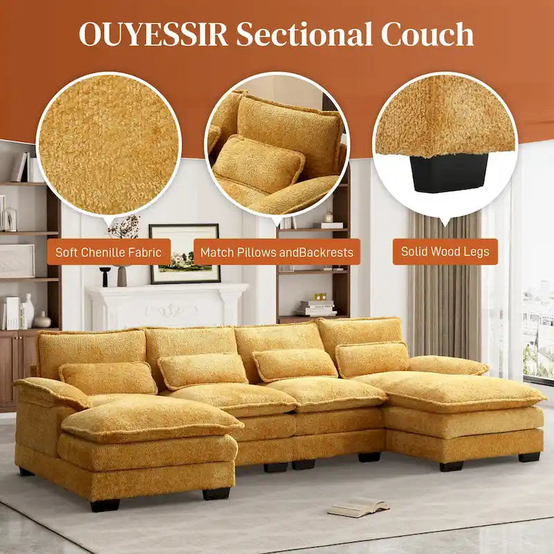 Canapé sectionnel en chenille multicolore en forme de U avec double méridienne, 6 places