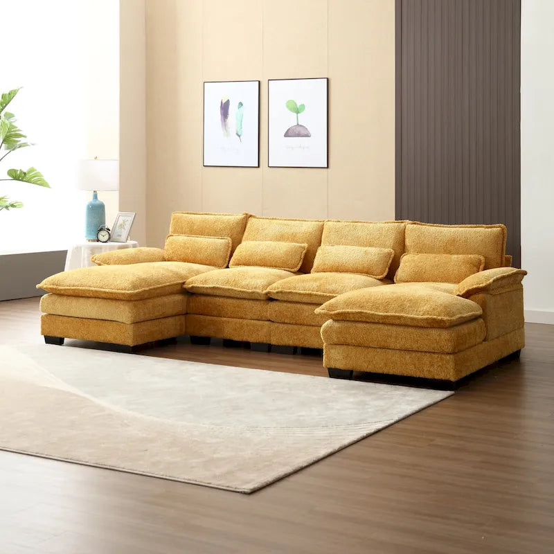 Canapé sectionnel en chenille multicolore en forme de U avec double méridienne, 6 places