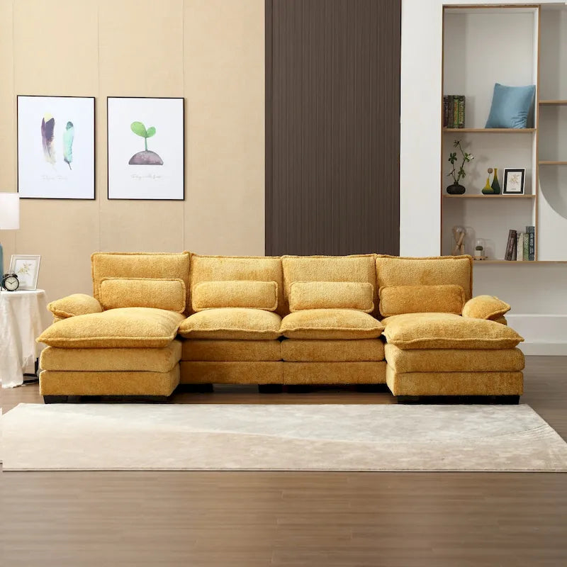 Canapé sectionnel en chenille multicolore en forme de U avec double méridienne, 6 places