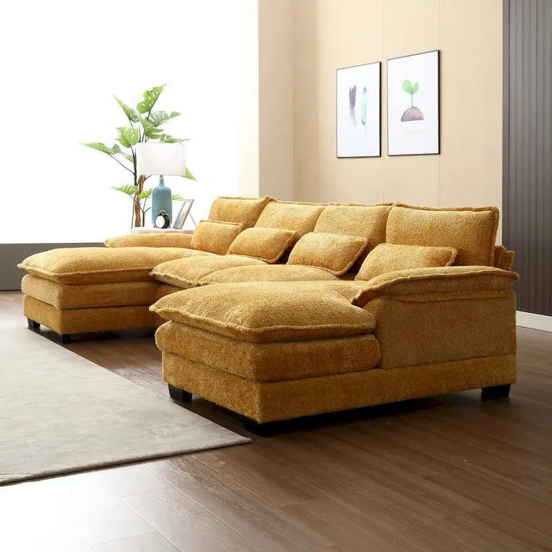 Canapé sectionnel en chenille multicolore en forme de U avec double méridienne, 6 places