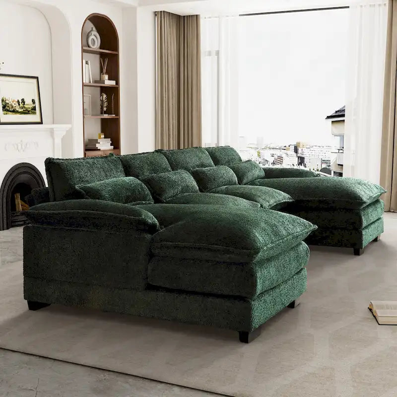 Canapé sectionnel en chenille multicolore en forme de U avec double méridienne, 6 places