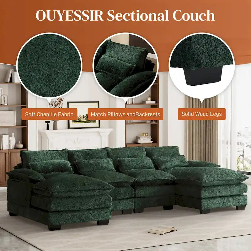 Canapé sectionnel en chenille multicolore en forme de U avec double méridienne, 6 places