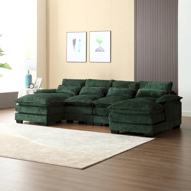 Canapé sectionnel en chenille multicolore en forme de U avec double méridienne, 6 places