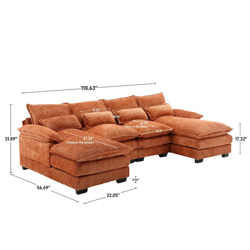 Canapé sectionnel en chenille multicolore en forme de U avec double méridienne, 6 places