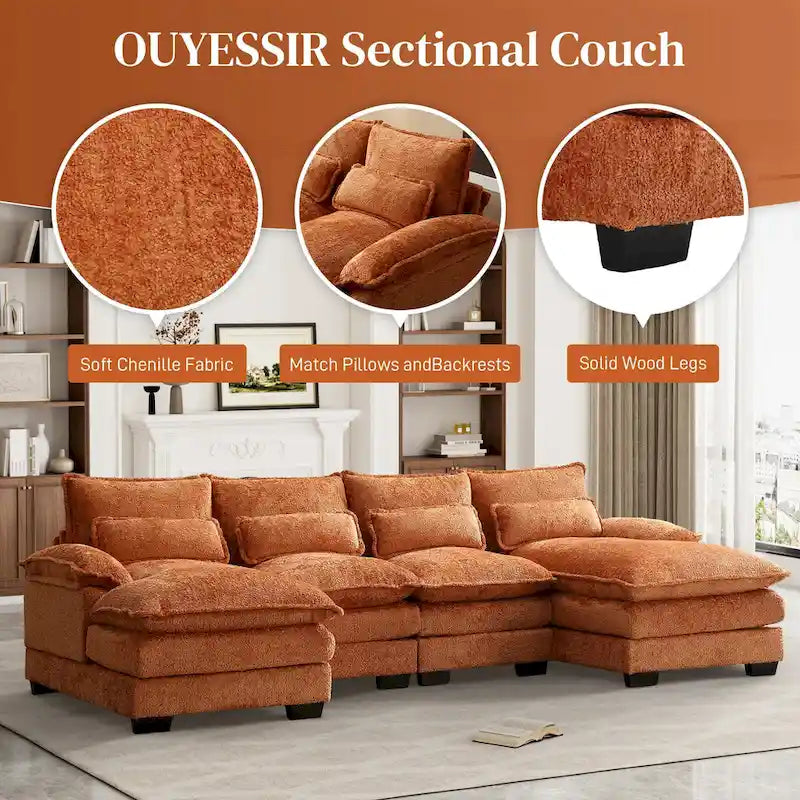 Canapé sectionnel en chenille multicolore en forme de U avec double méridienne, 6 places