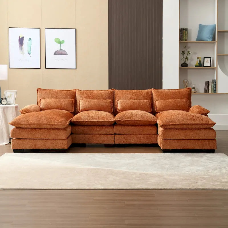 Canapé sectionnel en chenille multicolore en forme de U avec double méridienne, 6 places