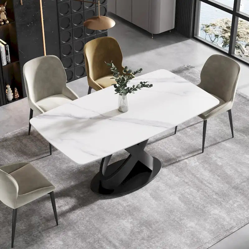 Table à manger rectangulaire en pierre frittée blanche, 4 à 6 places