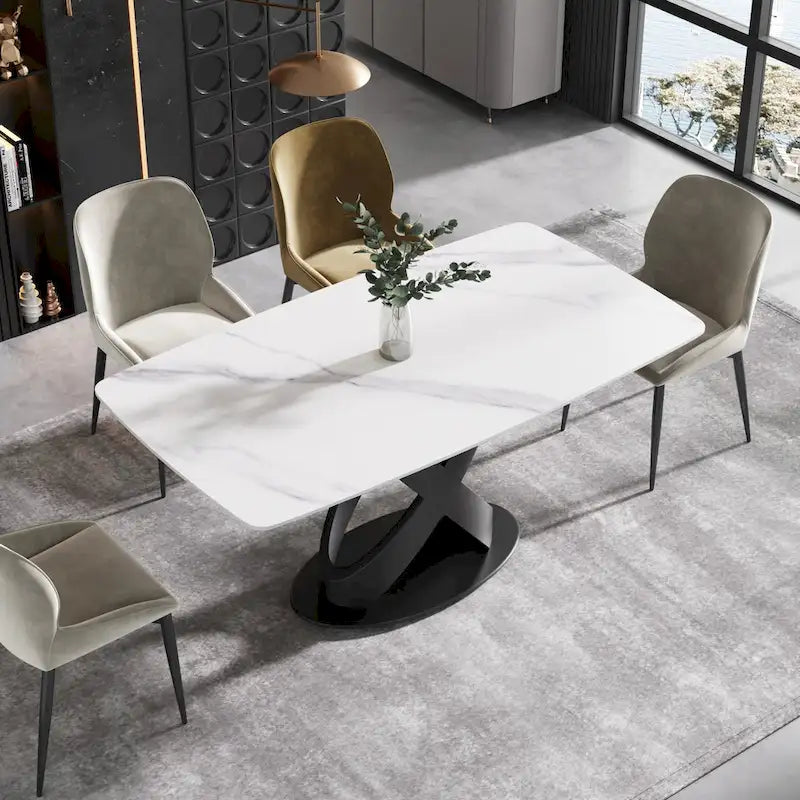 Table à manger rectangulaire en pierre frittée blanche, 4 à 6 places