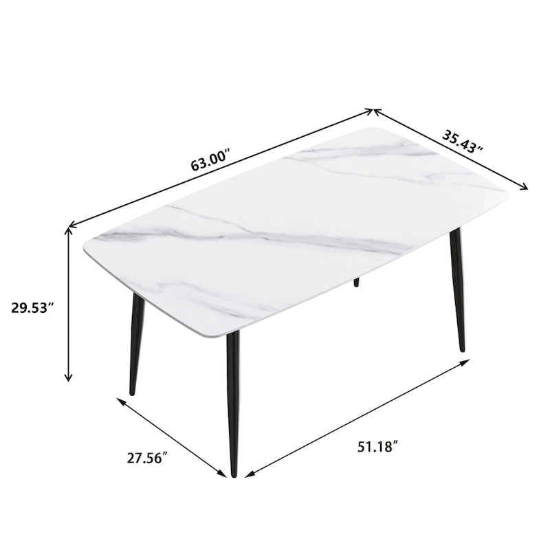 Table à manger rectangulaire en pierre frittée blanche, 4 à 6 places