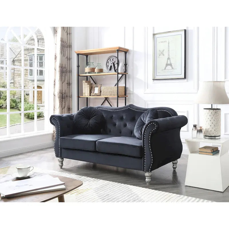 Causeuse en velours avec clous décoratifs, style capitonné, 2 places, plusieurs couleurs