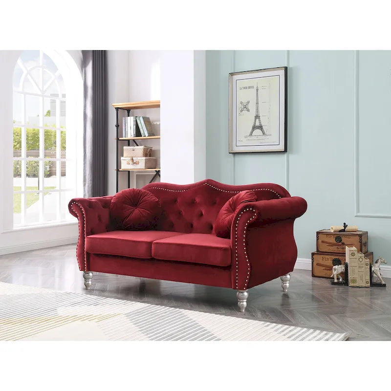 Causeuse en velours avec clous décoratifs, style capitonné, 2 places, plusieurs couleurs