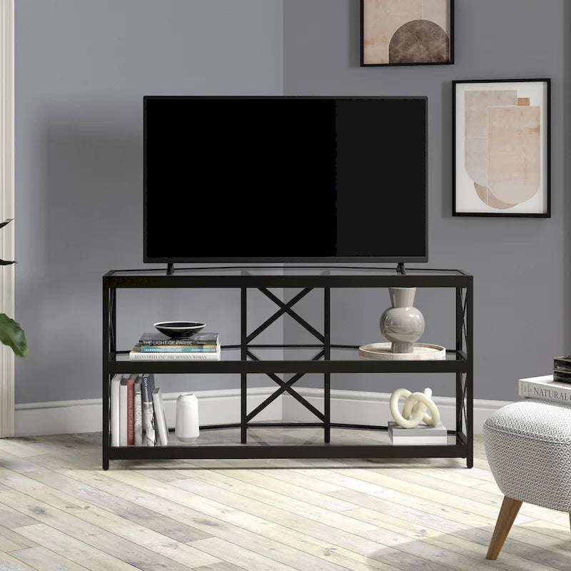 Meuble TV d'angle en bronze noirci avec étagères en verre, compatible avec les téléviseurs jusqu'à 55 pouces