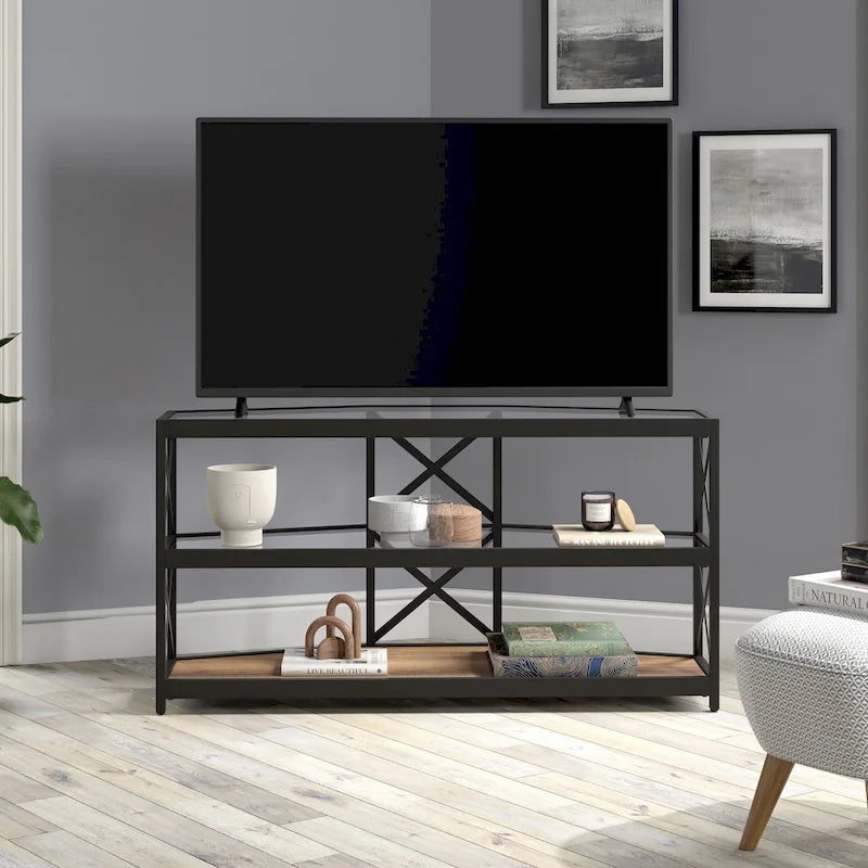 Meuble TV d'angle en bronze noirci avec étagères en verre, compatible avec les téléviseurs jusqu'à 55 pouces