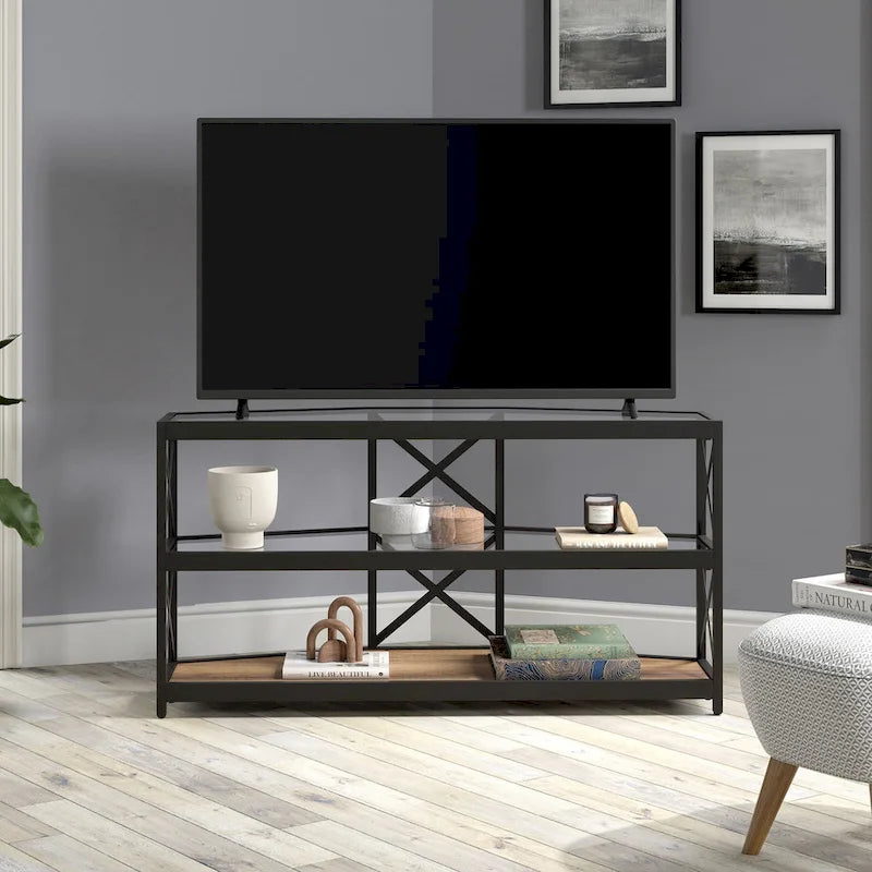 Meuble TV d'angle en bronze noirci avec étagères en verre, compatible avec les téléviseurs jusqu'à 55 pouces