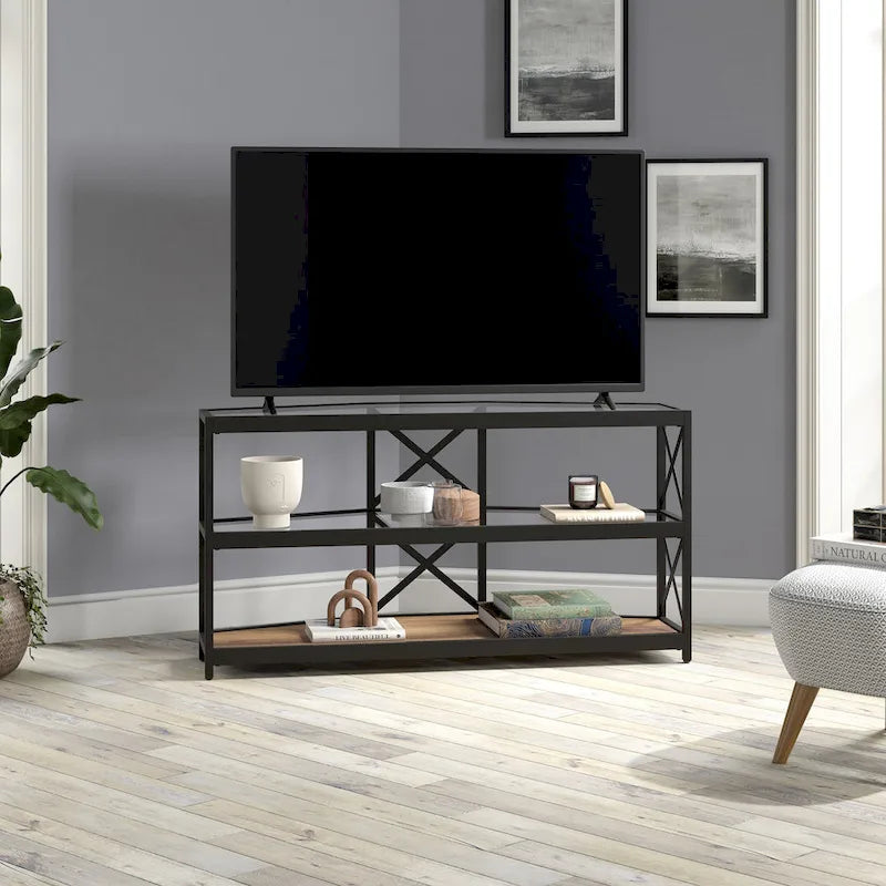 Meuble TV d'angle en bronze noirci avec étagères en verre, compatible avec les téléviseurs jusqu'à 55 pouces