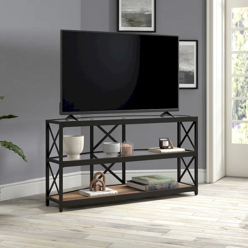 Meuble TV d'angle en bronze noirci avec étagères en verre, compatible avec les téléviseurs jusqu'à 55 pouces