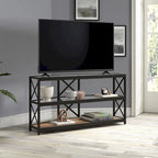 Meuble TV d'angle en bronze noirci avec étagères en verre, compatible avec les téléviseurs jusqu'à 55 pouces