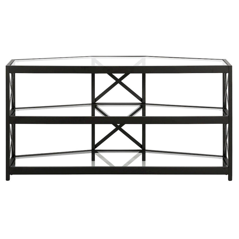 Meuble TV d'angle en bronze noirci avec étagères en verre, compatible avec les téléviseurs jusqu'à 55 pouces