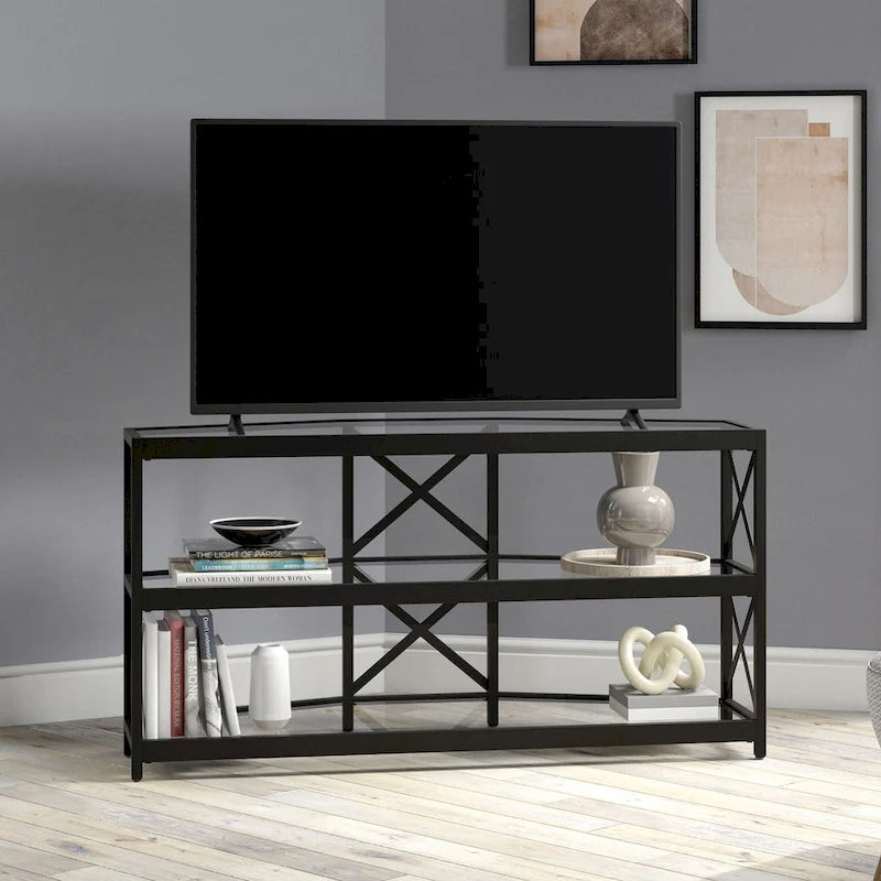 Meuble TV d'angle en bronze noirci avec étagères en verre, compatible avec les téléviseurs jusqu'à 55 pouces