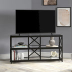Meuble TV d'angle en bronze noirci avec étagères en verre, compatible avec les téléviseurs jusqu'à 55 pouces