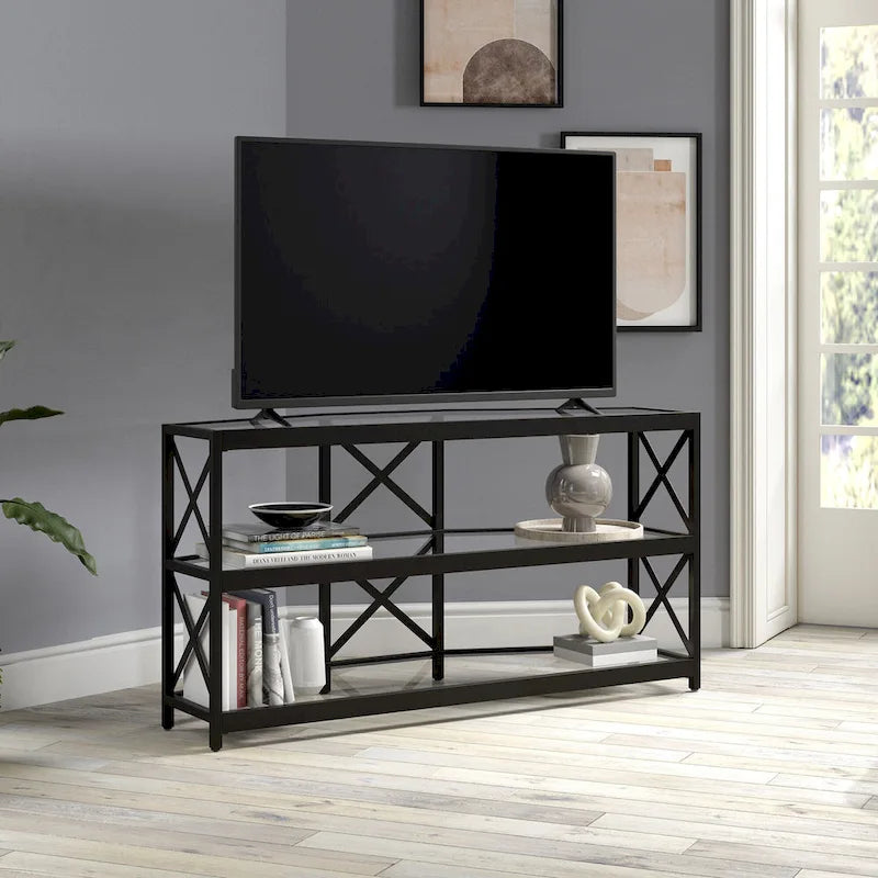 Meuble TV d'angle en bronze noirci avec étagères en verre, compatible avec les téléviseurs jusqu'à 55 pouces