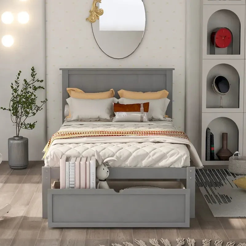 Lit plate-forme gris/blanc avec tiroir de rangement, double/grand, 1 personne