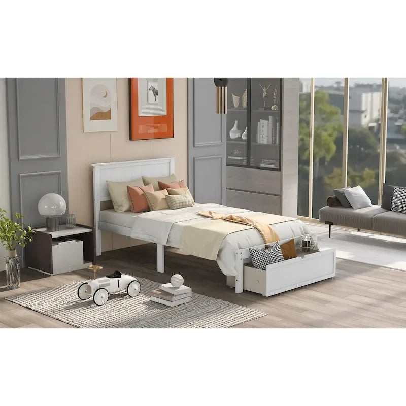 Lit plate-forme gris/blanc avec tiroir de rangement, double/grand, 1 personne