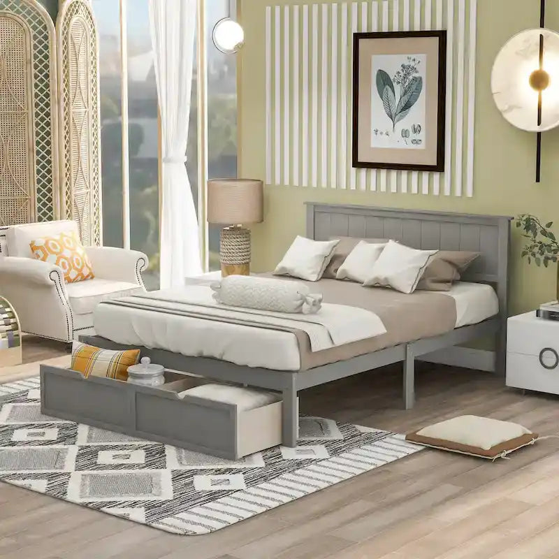 Lit plate-forme gris/blanc avec tiroir de rangement, double/grand, 1 personne