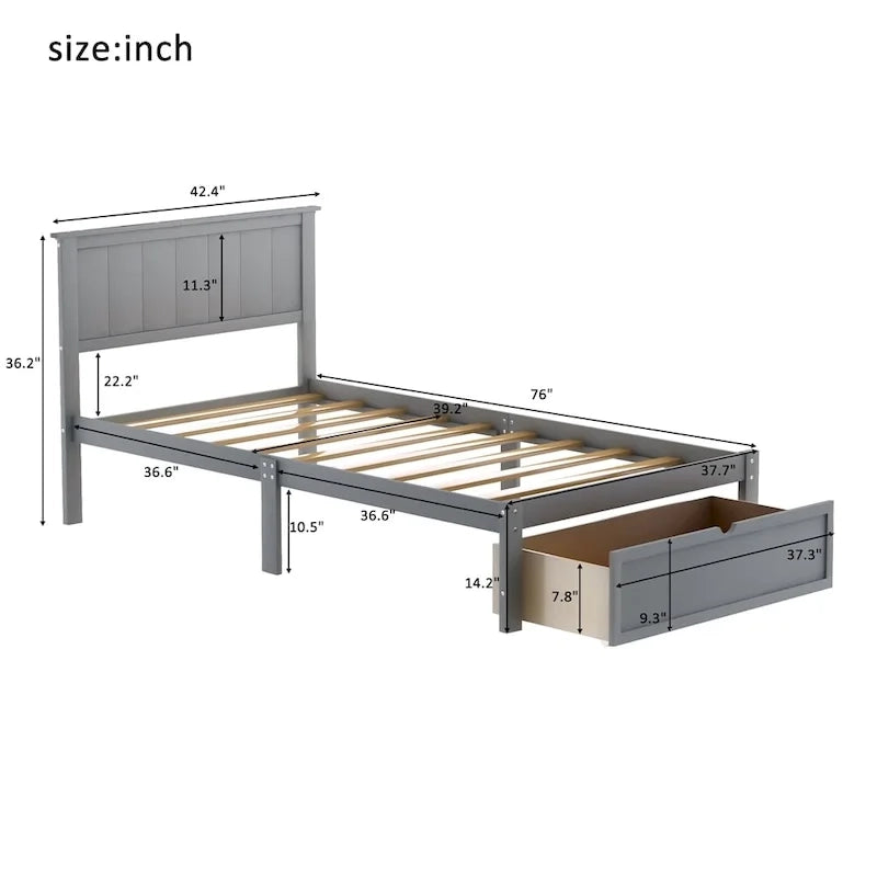 Lit plate-forme gris/blanc avec tiroir de rangement, double/grand, 1 personne