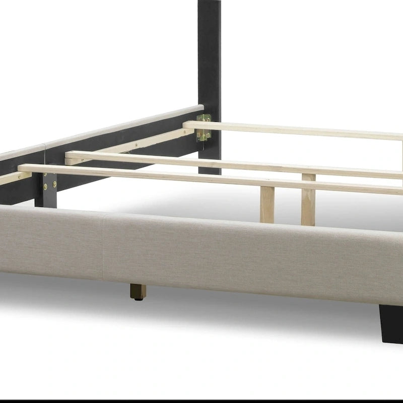 Lit queen-size en tissu beige capitonné, Pour 2 personnes – Style classique