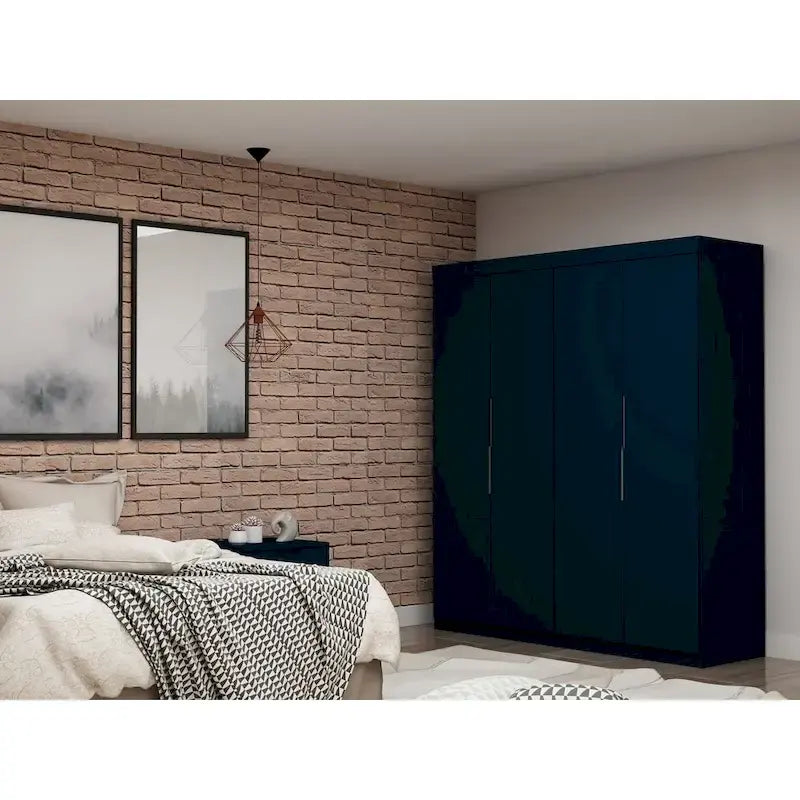 Armoire-penderie autoportante à 2 sections avec 4 tiroirs – Marron / Bleu nuit / Blanc – Pour 1 à 2 utilisateurs