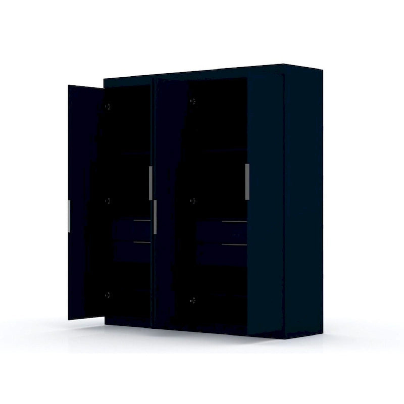 Armoire-penderie autoportante à 2 sections avec 4 tiroirs – Marron / Bleu nuit / Blanc – Pour 1 à 2 utilisateurs