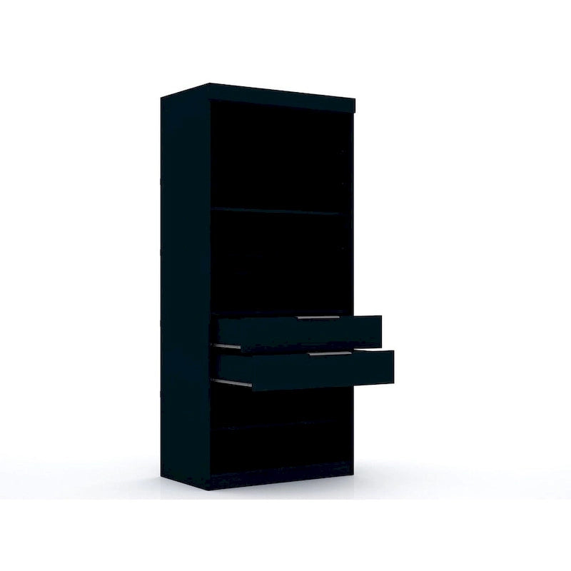 Armoire-penderie autoportante à 2 sections avec 4 tiroirs – Marron / Bleu nuit / Blanc – Pour 1 à 2 utilisateurs