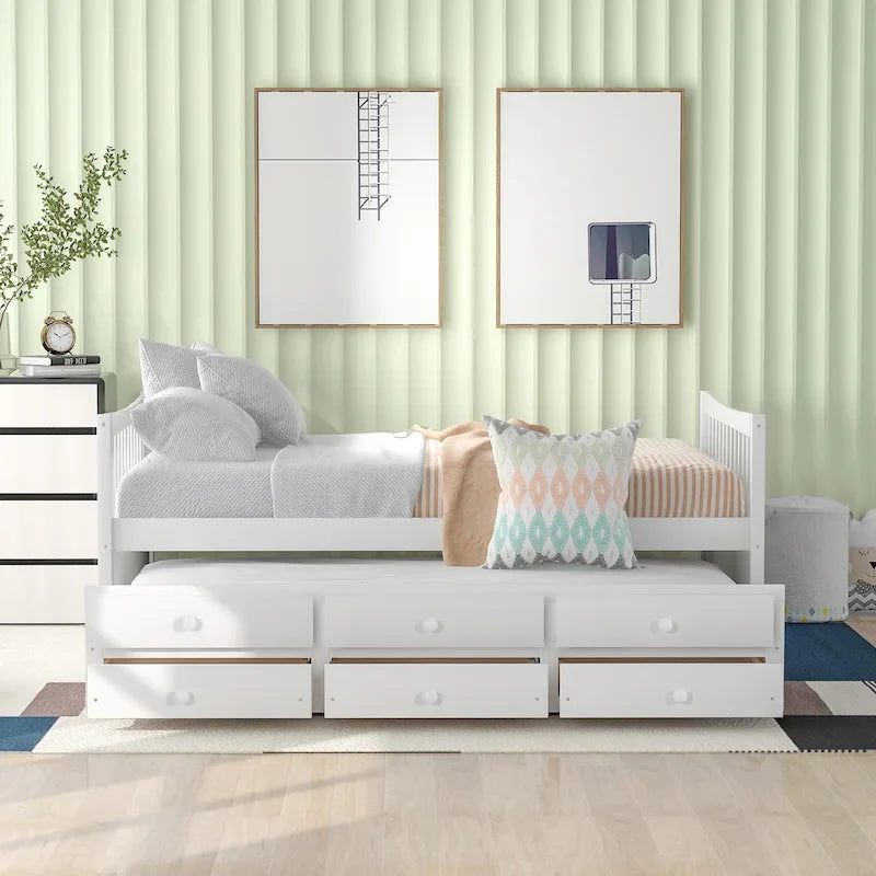 Lit de repos pleine taille blanc/gris avec lit gigogne et tiroirs, 2 couchages