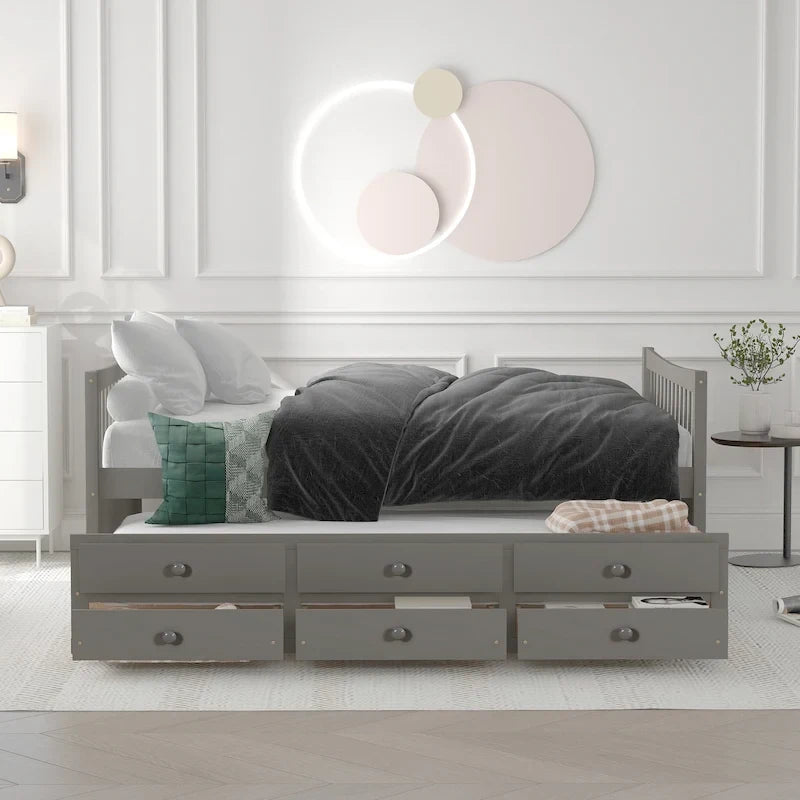 Lit de repos pleine taille blanc/gris avec lit gigogne et tiroirs, 2 couchages