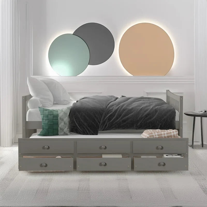 Lit de repos pleine taille blanc/gris avec lit gigogne et tiroirs, 2 couchages