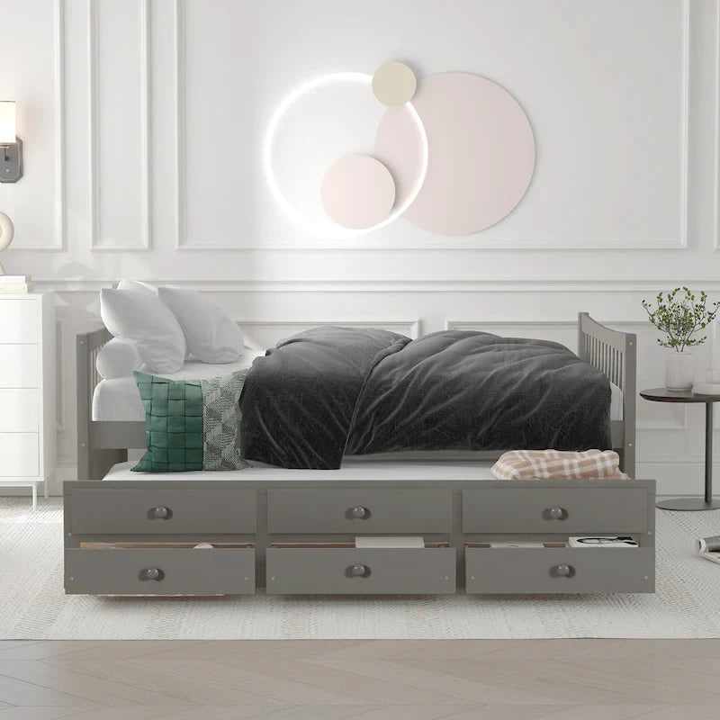 Lit de repos pleine taille blanc/gris avec lit gigogne et tiroirs, 2 couchages