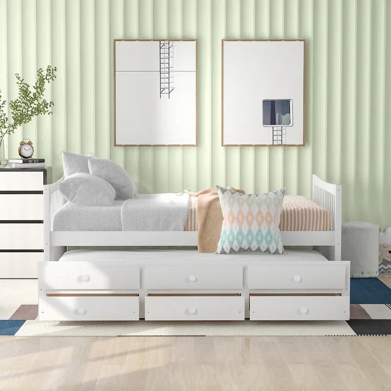 Lit de repos pleine taille blanc/gris avec lit gigogne et tiroirs, 2 couchages