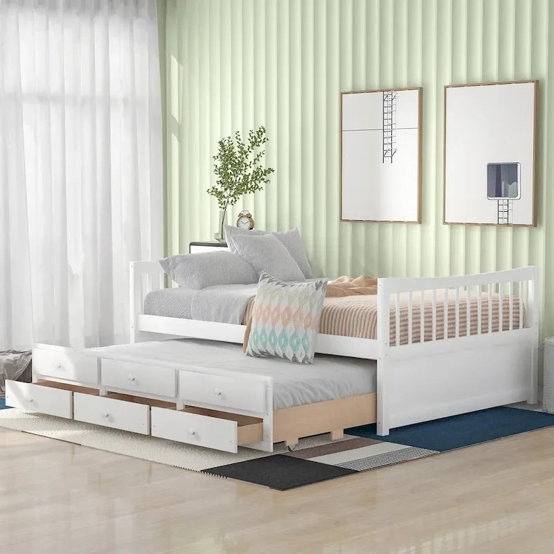 Lit de repos pleine taille blanc/gris avec lit gigogne et tiroirs, 2 couchages