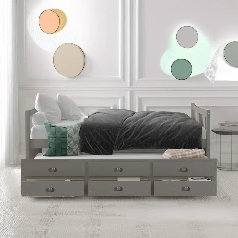 Lit de repos pleine taille blanc/gris avec lit gigogne et tiroirs, 2 couchages