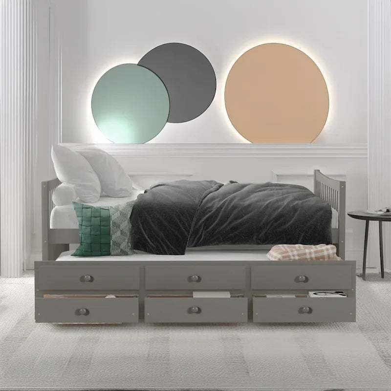 Lit de repos pleine taille blanc/gris avec lit gigogne et tiroirs, 2 couchages