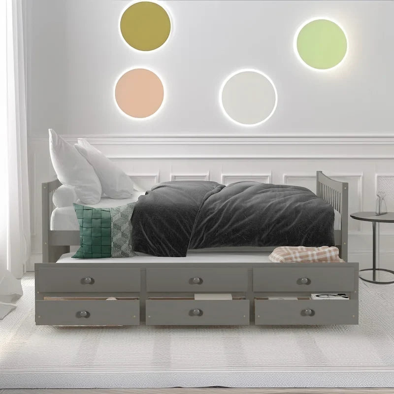 Lit de repos pleine taille blanc/gris avec lit gigogne et tiroirs, 2 couchages